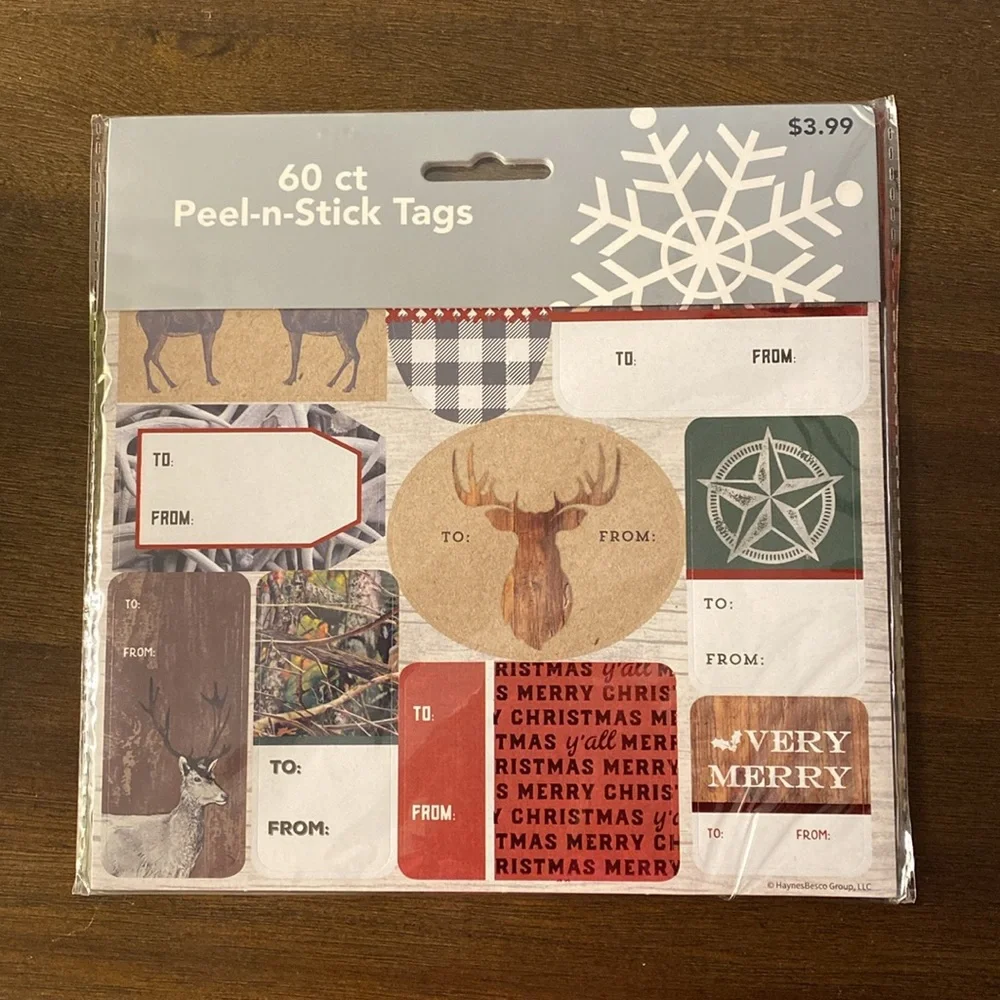 (2) Deer Camo Merry Christmas Y’all Bella Bug 60 ct Peel-n-Stick Tags (2019)